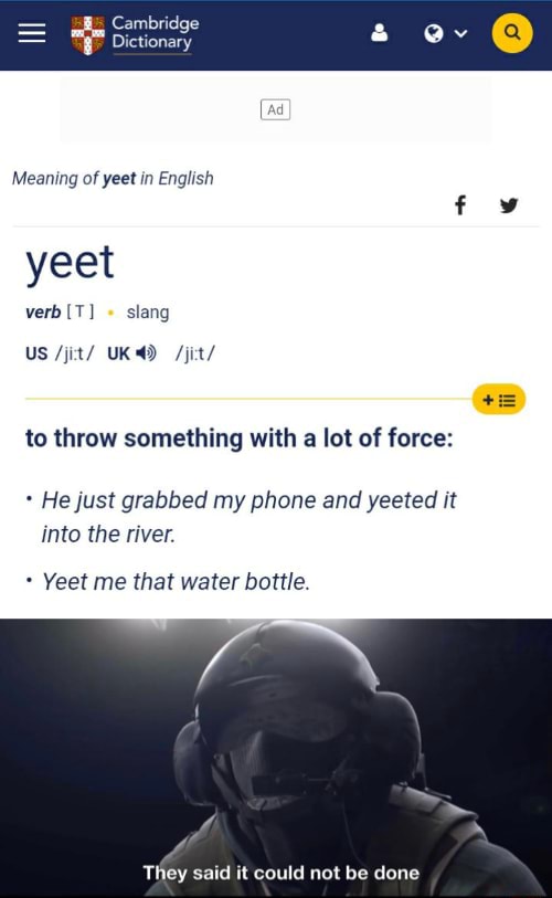 Cambridge Meaning of yeet in English yeet verb [T] slang US /jit/ UK