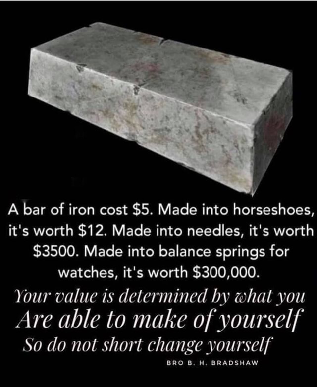 A bar of iron cost 5. Made into horseshoes, it's worth 12. Made into