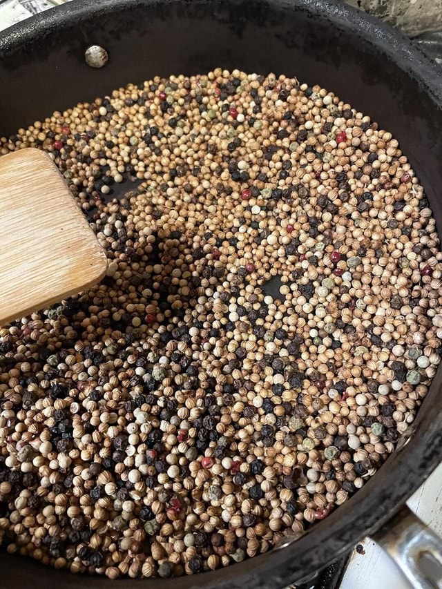 Toast your peppercorns and coriander seeds. Let the aroma kiss your