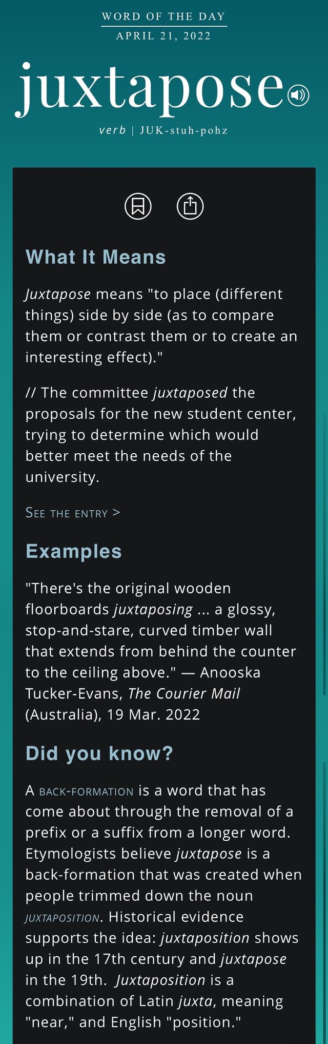 WORD OF THE DAY APRIL 21, 2022 juxtaposes verb I JUKstuhpohz What It