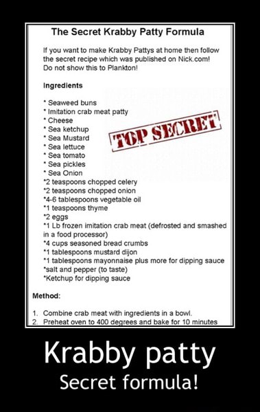 The Secret Krabby Patty Formula It You Want To Make Krabby Pattys At Home Then Follow The Secret Recipe Which Was Published On Nick Com Do Not Show This To Plankton Ingredients