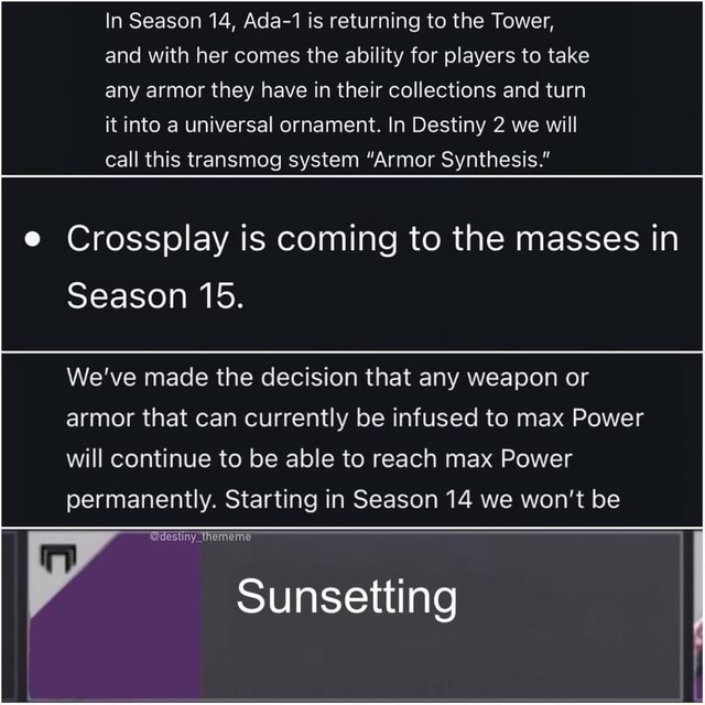 In Season 14 Ada 1 Is Returning To The Tower And With Her Comes The Ability For Players To Take Any Armor They Have In Their Collections And Turn It Into A Universal