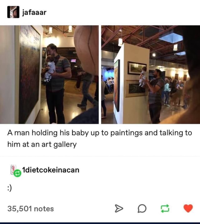 A man holding his baby up to paintings and talking to him at an art ...