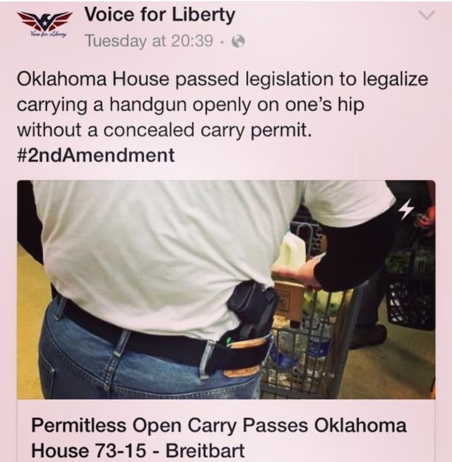 Oklahoma House passed legislation to legalize carrying a handgun openly