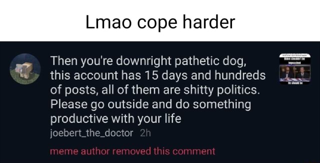 Lmao cope harder Then you're downright pathetic dog, this account has