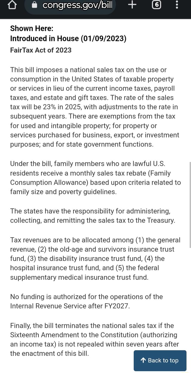 Shown Here Introduced in House FairTax Act of 2023 This bill imposes a