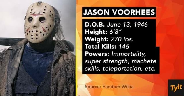 JASON VOORHEES D.O.B. June 13, 1946 Height: Weight: 270 Ibs. Total - How Tall Is Jason Voorhees? Horror Icon’s Slasher-Size Explained