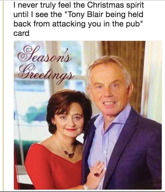 i never truly feel the christmas spirit until i see the tony blair being held back from attacking you in the pub card