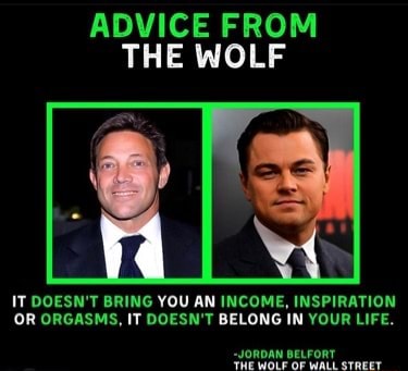 ADVICE FROM THE WOLF DOESN'T BRING YOU AN INCOME, INSPIRATION OR ORGASMS, IT DOESN'T BELONG IN YOUR LIFE. <JORDAN BELFORT JHE WOLF OF WALL STREET. -