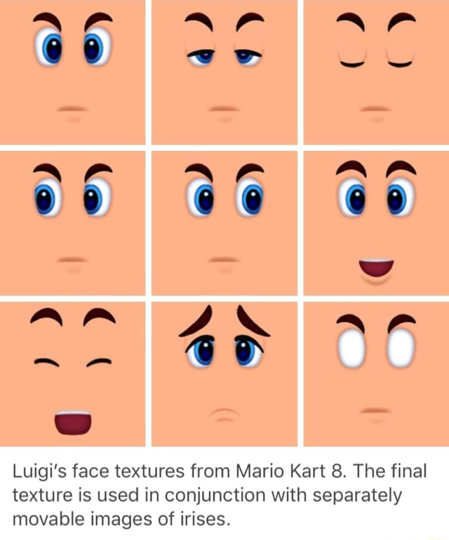 Luigi S Face Textures From Mario Kart 8 The Final Texture Is Used In Conjunction With Separately Movable Images Of Irises - roblox face texture
