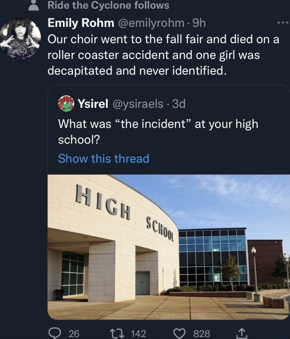 Ea Ride the Cyclone follows Emily Rot emilyrohm Sh Our choir went to the fall fair and died