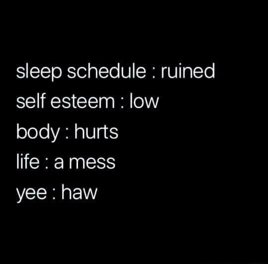 Sleep schedule ruined self esteem low body hurts life a mess
