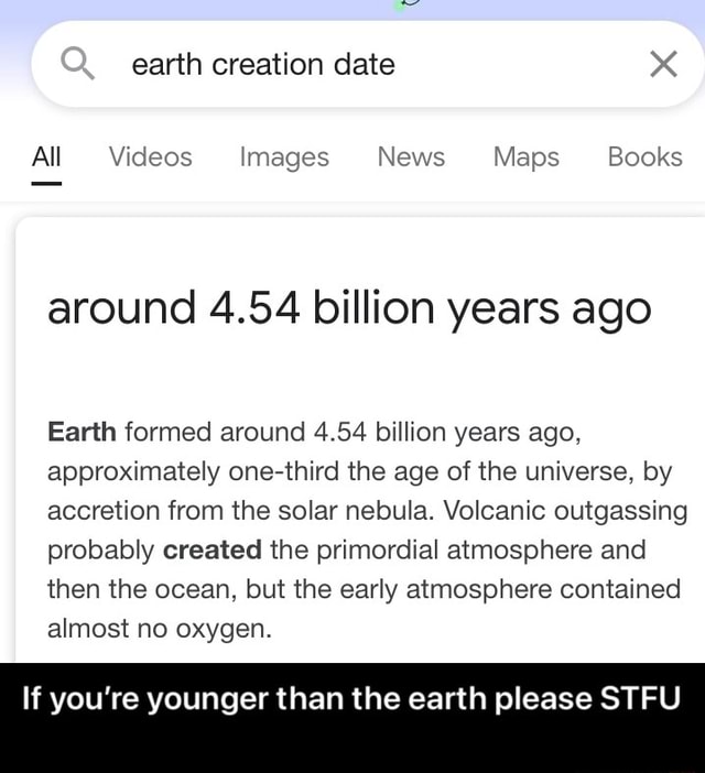 Earth creation date x All Videos Images News Maps Books around 4.54 ...