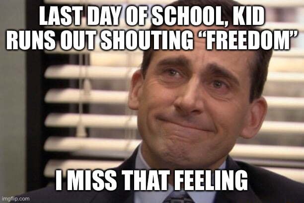 LAST DAY OF SCHOOL, KID RUNS OUT SHOUTING 