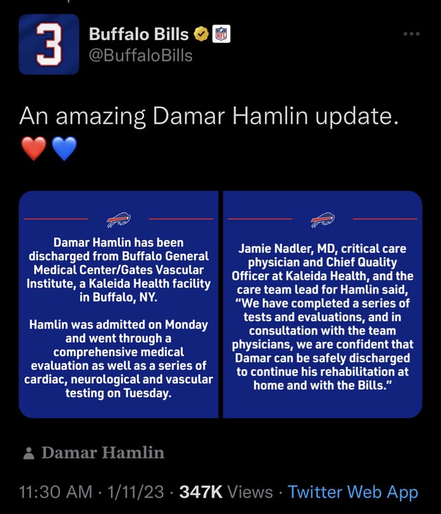 @BuffaloBills Buffalo Bills An Amazing Damar Hamlin Update. Damar ...