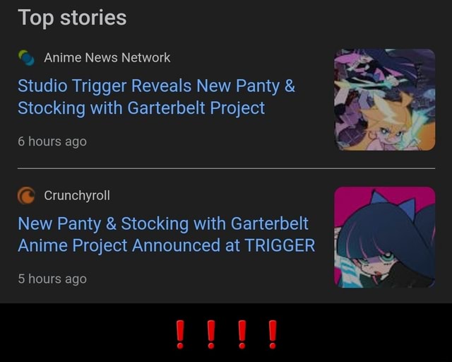 Top stories Anime News Network Studio Trigger Reveals New Panty & Stocking  with Garterbelt Project 6 hours ago Crunchyroll New Panty & Stocking with  Garterbelt Anime Project Announced at TRIGGER II 5