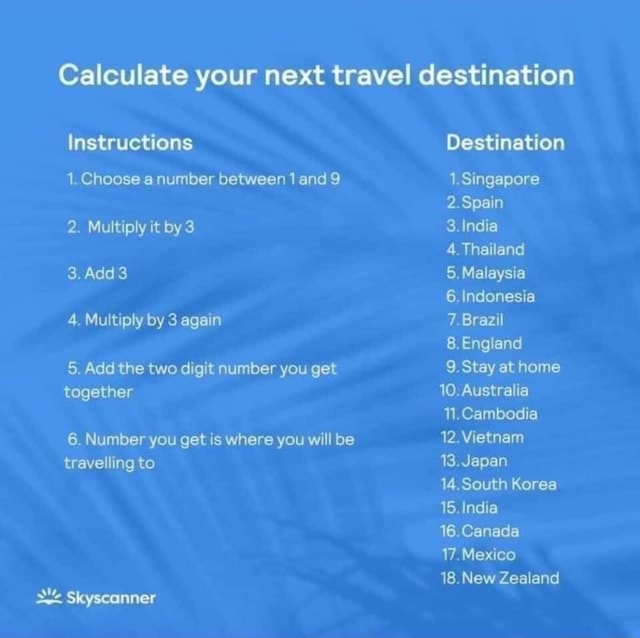 Calculate your next travel destination instructions 1 choose a number