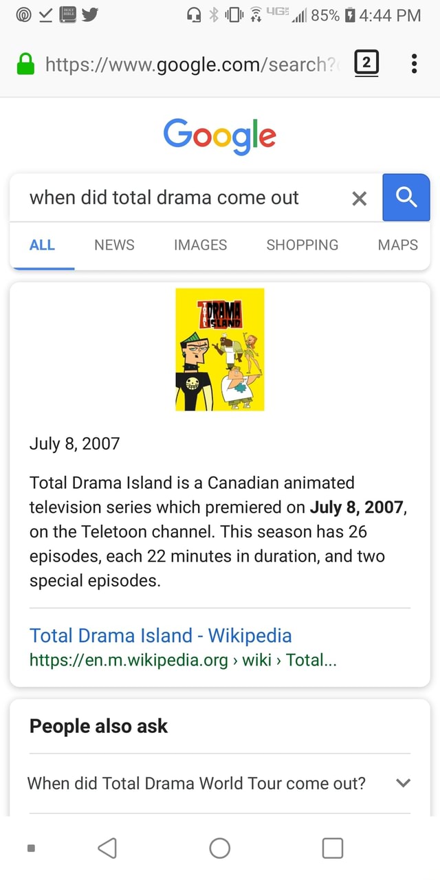 When did total drama come out x Total Drama Island is a Canadian animated  television series which premiered on July 8, 2007, on the Teletoon channel.  This season has 26 episodes, each