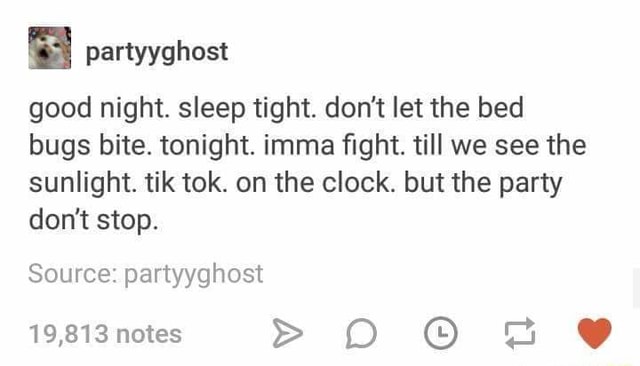 Partyyghost Good Night Sleep Tight Don T Let The Bed Bugs Bite Tonight Imma ﬁght Till We See The Sunlight Tik Tok On The Clock But The Party Don T Stop