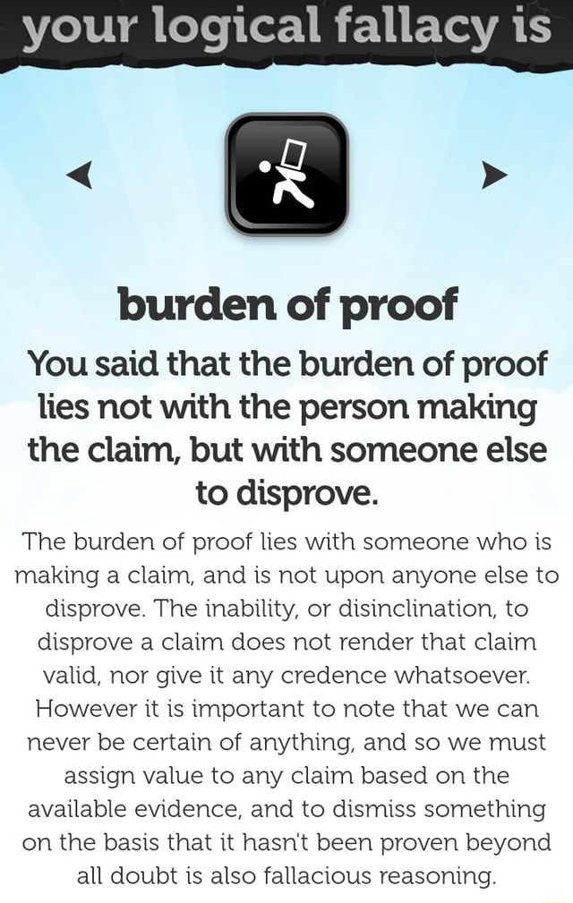 Your Logical Fallacy Is Burden Of Proof You Said That The Burden Of Proof Lies Not With The 8011