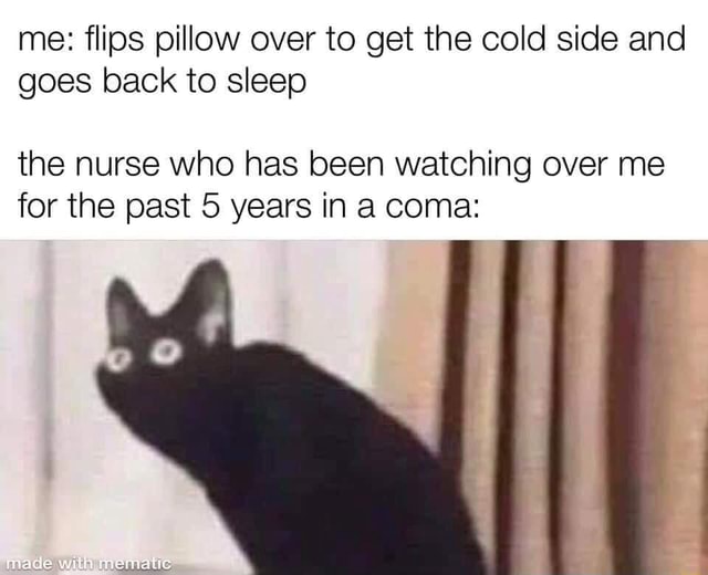 Me flips pillow over to get the cold side and goes back to sleep the