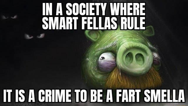 In a society where smart fellas rule IT a crime to be fart smella.