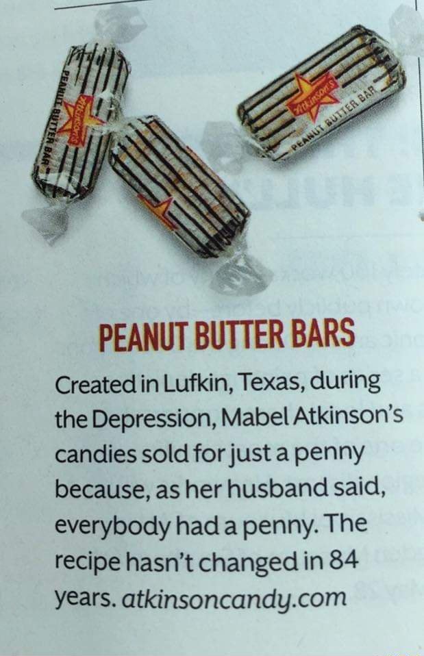 PEANUT BUTTER BARS Created in Lufkin, Texas, during the Depression