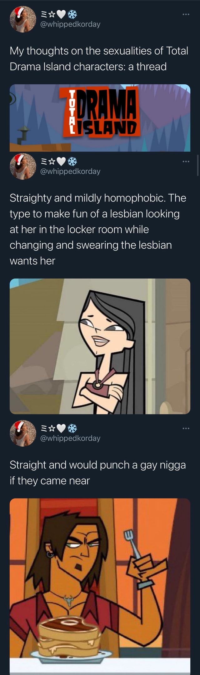 whippedkorday My thoughts on the sexualities of Total Drama Island  characters: a thread Straighty and mildly homophobic. The type to make fun  of a lesbian looking at her in the locker room