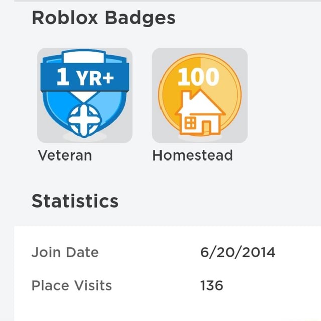 Roblox Badges Veteran Homestead Statistics Join Date Place Visits 136 - how to get place visits on roblox