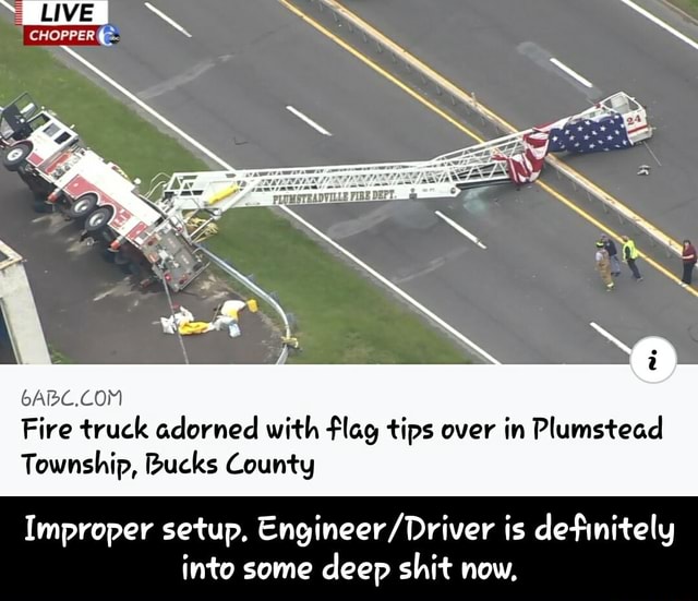 Fire truck adorned with flag tips over in Plumstead Township