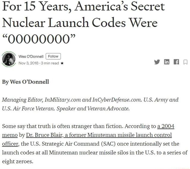 For 15 Years, America's Secret Nuclear Launch Codes Were