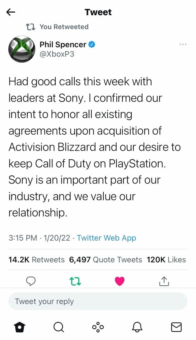 Tweet You Retweeted Phil Spencer Had good calls this week with leaders at  Sony. I confirmed