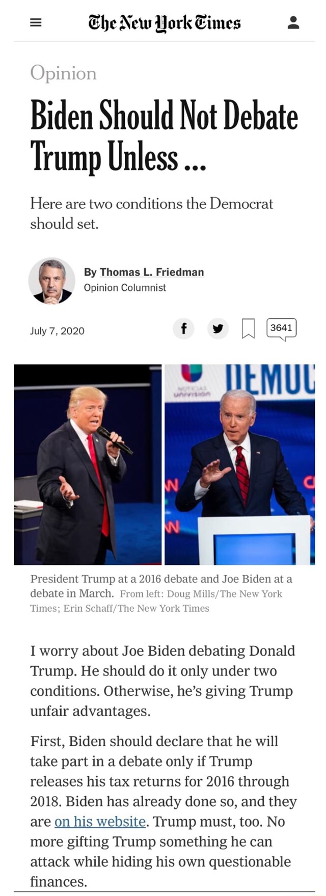 Ehe New York Times 2 Biden Should Not Debate Trump Unless Here Are Two ...