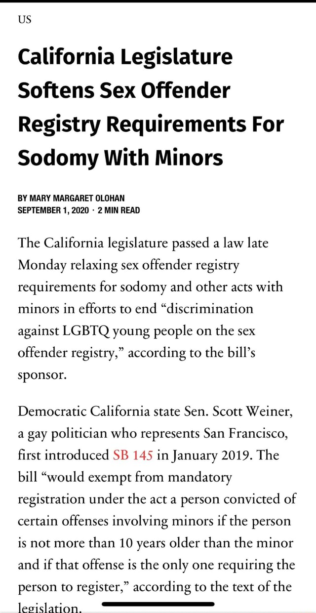 Us California Legislature Softens Sex Offender Registry Requirements For Sodomy With Minors By 0143