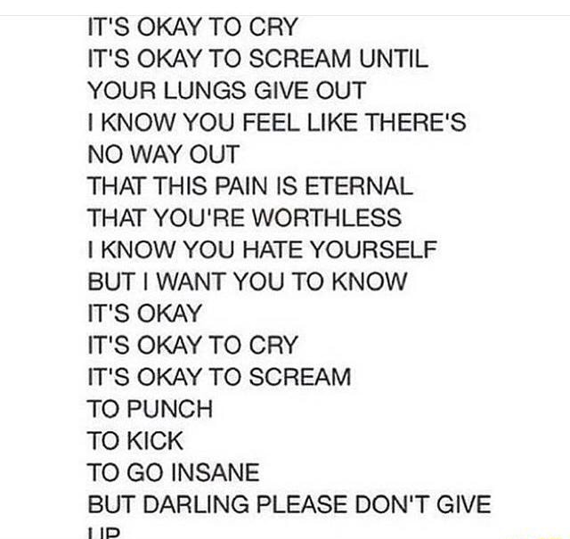 IT'S OKAY TO CRY IT'S OKAY TO SCREAM UNTIL YOUR LUNGS GIVE OUT I KNOW ...