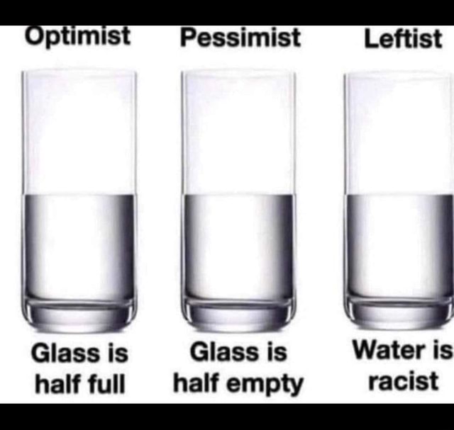 Pessimist Leftist @lass is (Glass is Water half full half empty racist ...