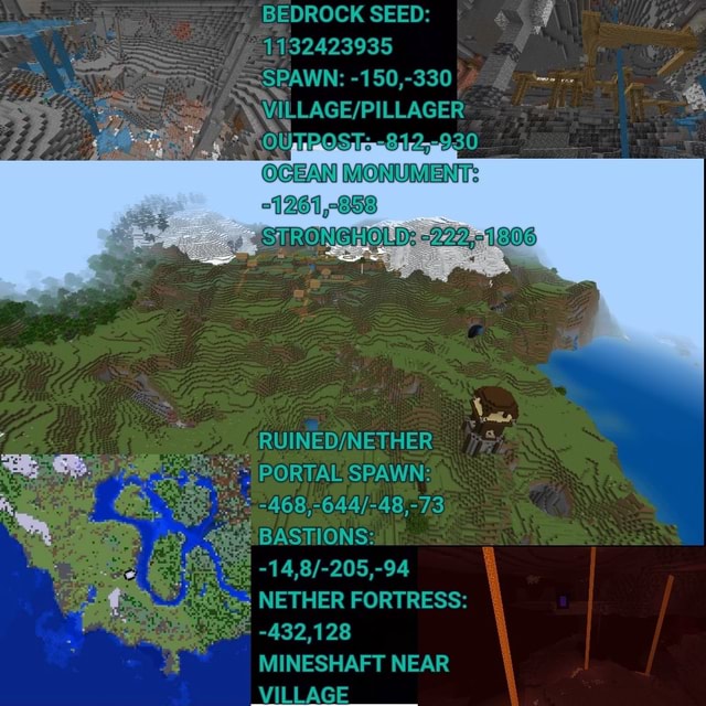 BEDROCK SEED 1132423935 180,330! PILLAGER OUTPOSTs MONUMENTS