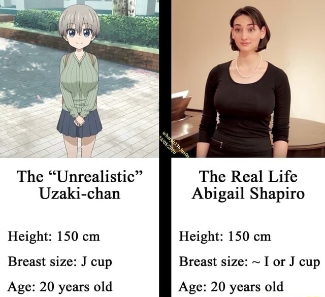 The Unrealistic The Real Life Uzaki-chan Abigail Shapiro Height: 150 cm  Height: 150 cm Breast size: J cup Breast size: ~ I or J cup Age: 20 years  old Age: 20 years old - iFunny