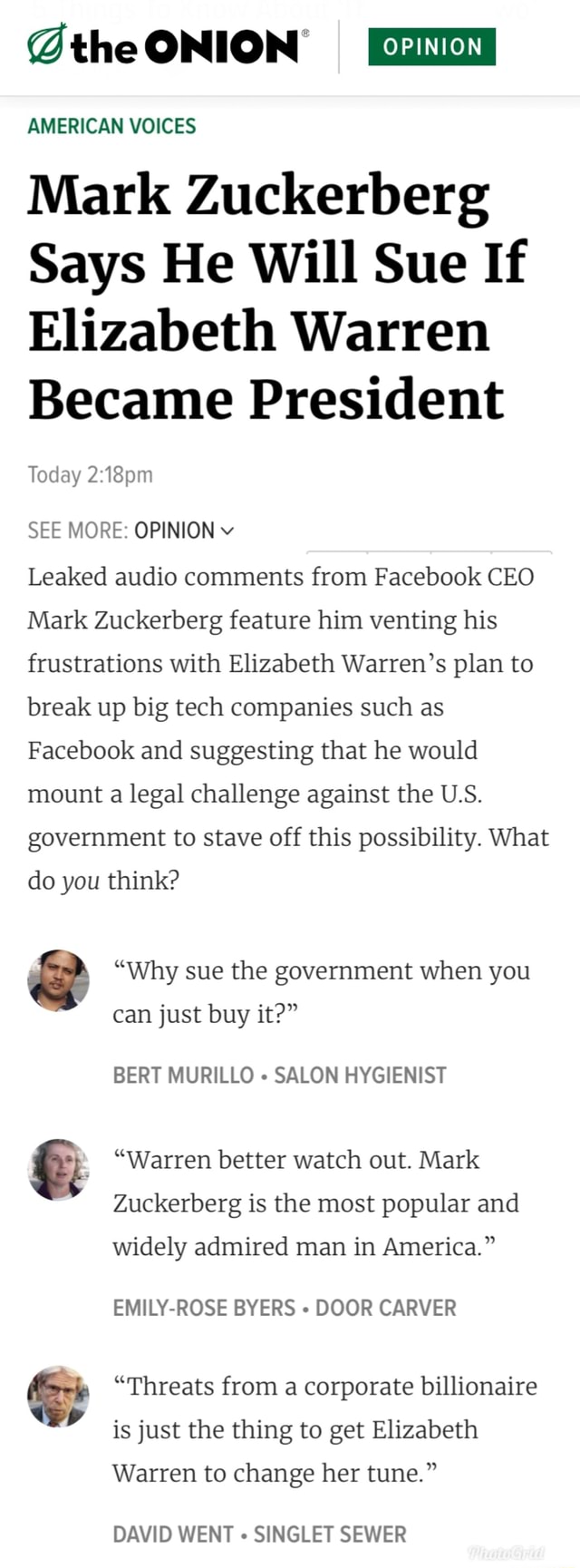  the ONION“ mmm AMERICAN VOICES Mark Zuckerberg Says He Will Sue If