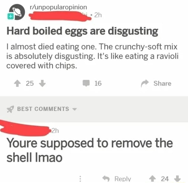 Hard boiled eggs are disgusting I almost died eating one. The crunchy