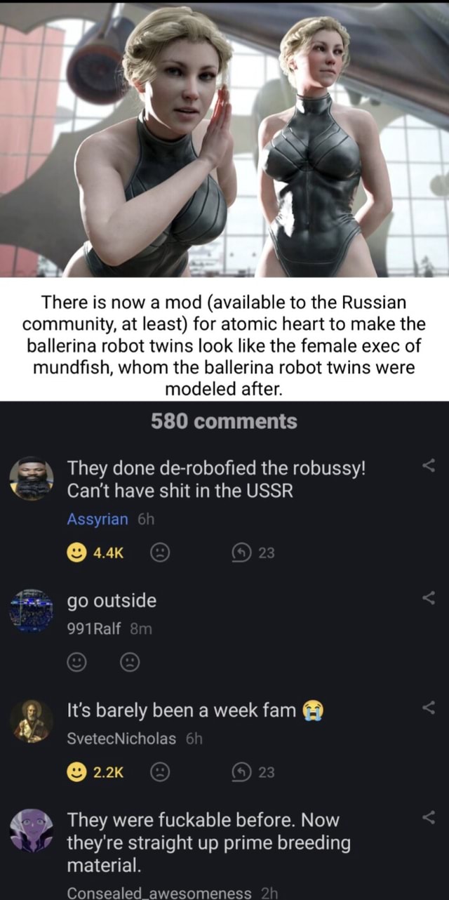 There is now a mod (available to the Russian community, at least) for atomic  heart to make the ballerina robot twins look like the female exec of  mundfish, whom the ballerina robot