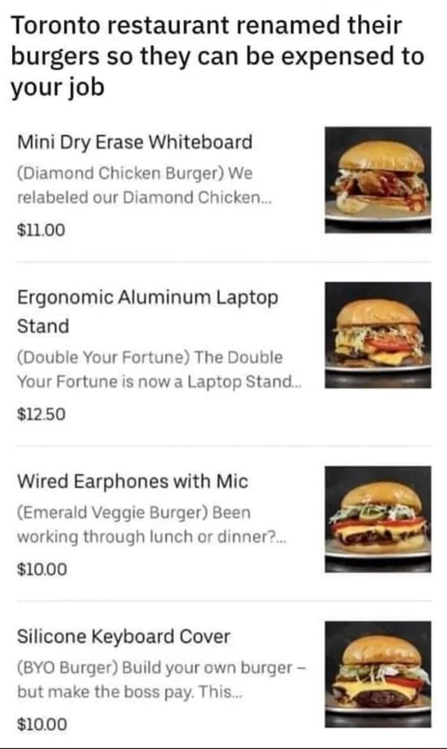 Toronto restaurant renamed their burgers so they can be expensed to