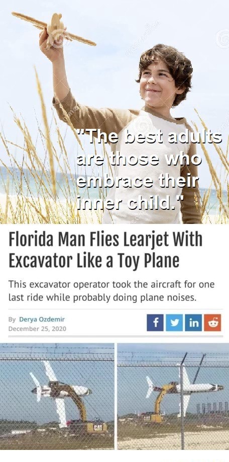 Ar Hose who th Florida Man Flies Learjet Excavator Like a Toy Plane This  excavator operator took the aircraft for one last ride while probably doing  plane noises. inI By Derya mir