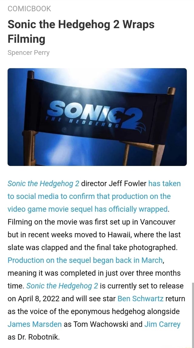 COMICBOOK Spencer Perry Sonic The Hedgehog 2 Wraps Filming Sonic The ...