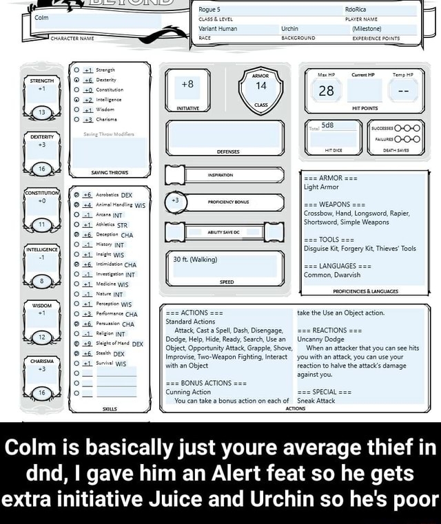 Gets extra initiative Juice and Urchin so he's poor Colm is basically