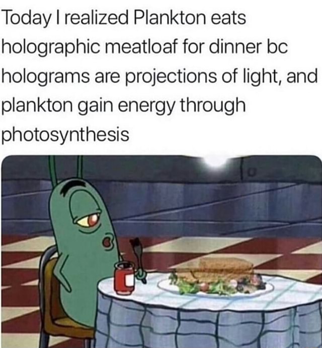 Today I Realized Plankton Eats Holographic Meatloaf For Dinner Bc Holograms Are Projections Of