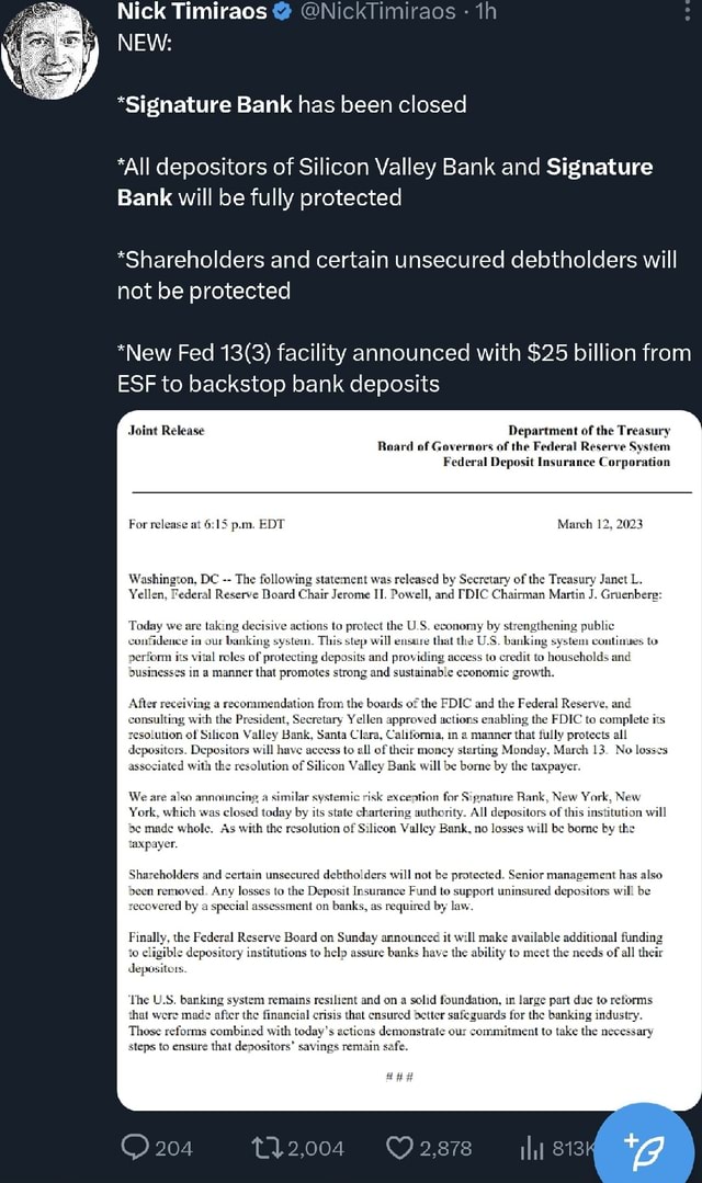 Nick Timiraos NEW *Signature Bank has been closed *All depositors of Silicon Valley Bank and