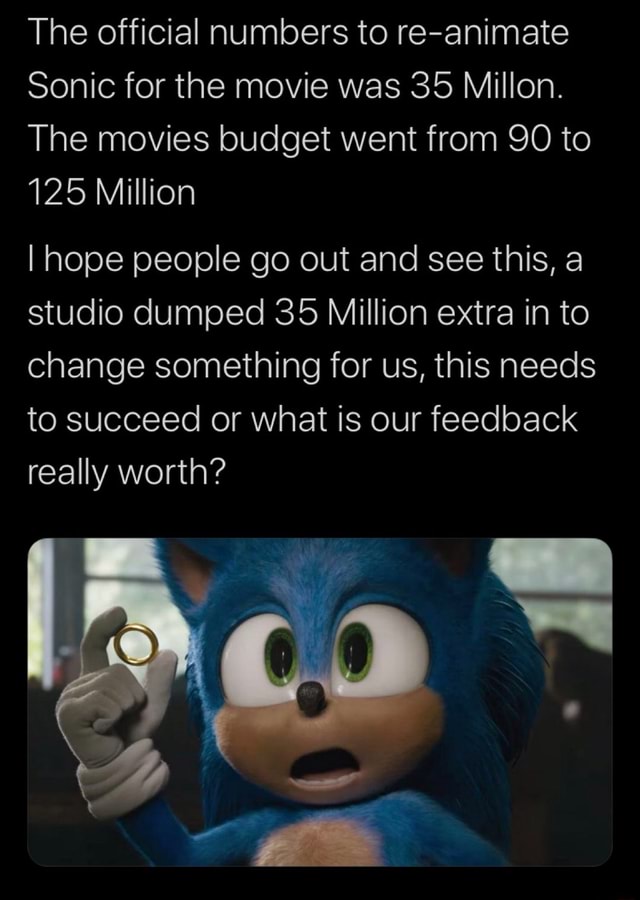 The official numbers to re-animate Sonic for the movie was 35 Millon ...