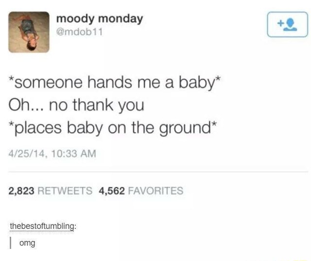 Someone Hands Me A Baby Oh No Thank You Places Baby On The Ground 2 3 Retweets 4 562 Favorites Thebestoﬂumbling