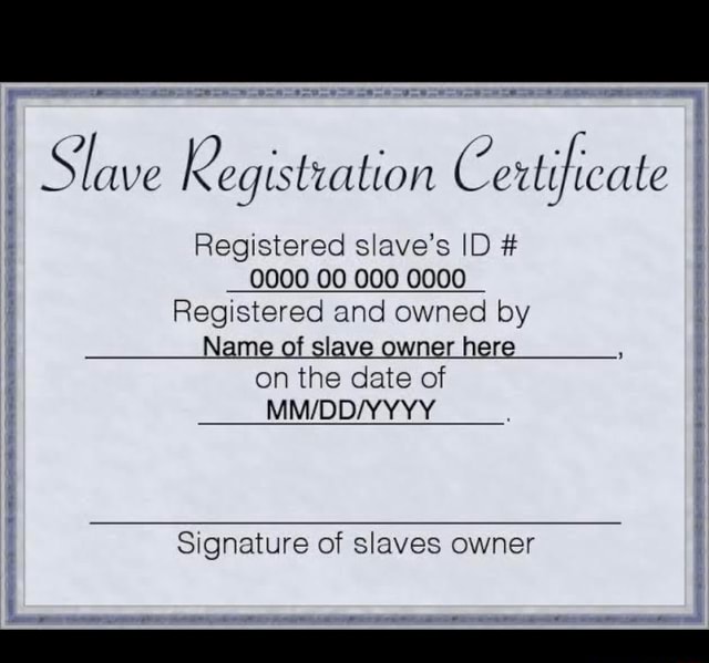 Slave Registration Certificate Registered slave s ID # 0000 00 000 0000